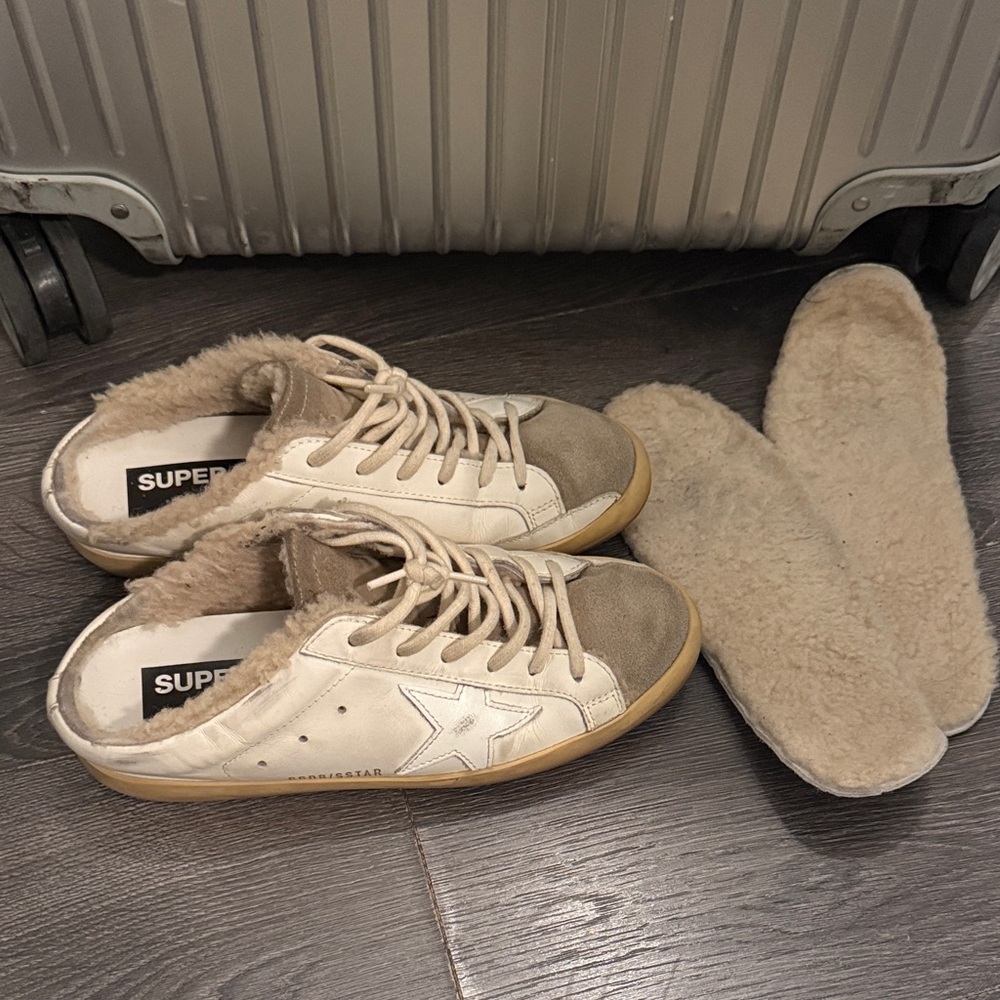 Golden Goose Cream and Gray Sneakers with Shearling